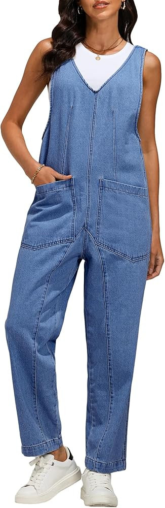 luvamia Jean Overalls for Women Sleeveless Denim Jumpsuit Casual Baggy Overall Jumpsuits Loose Fi... | Amazon (US)