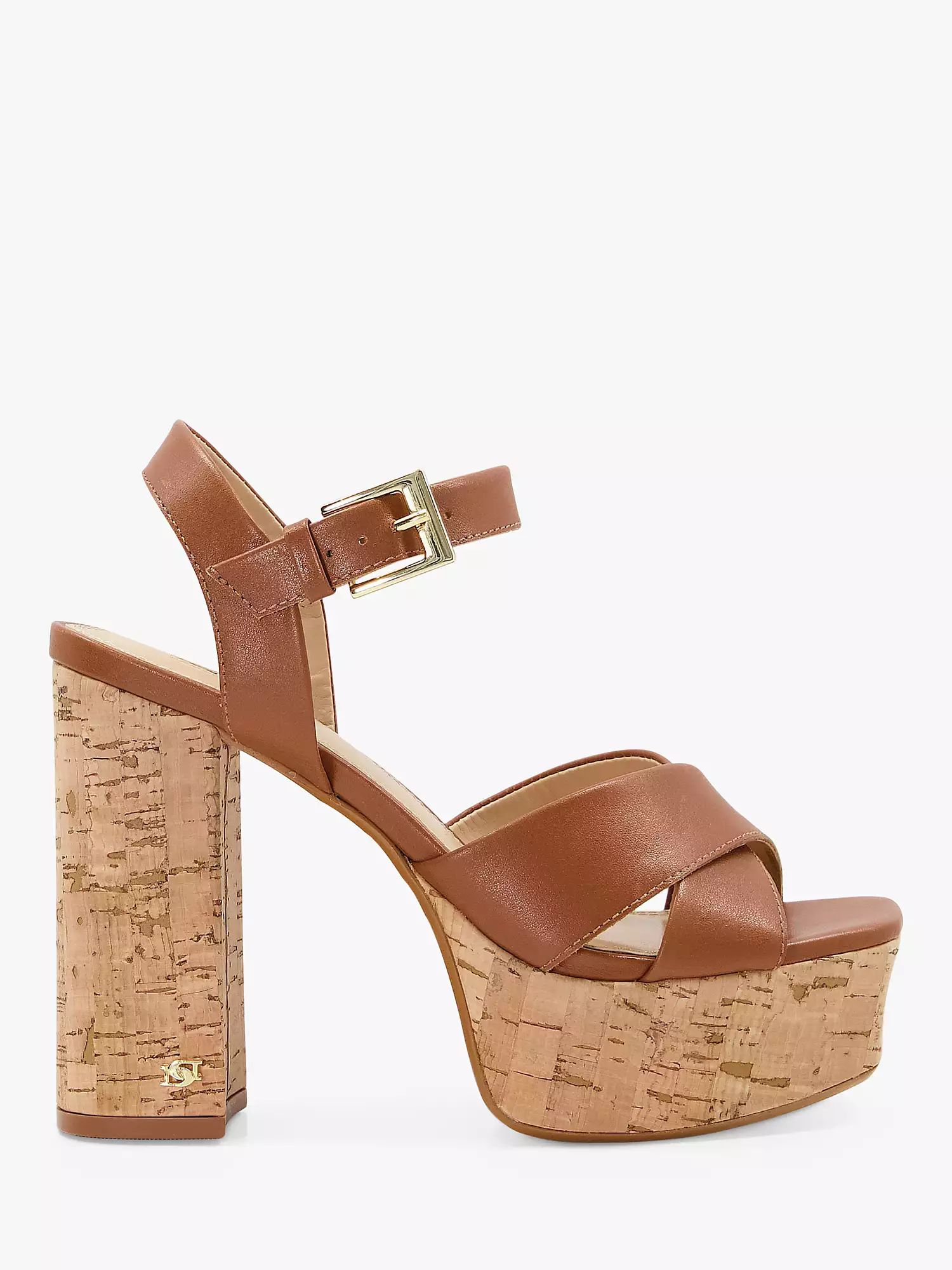 Dune Jealous Leather Platform Heeled Sandals, Tan | John Lewis (UK)