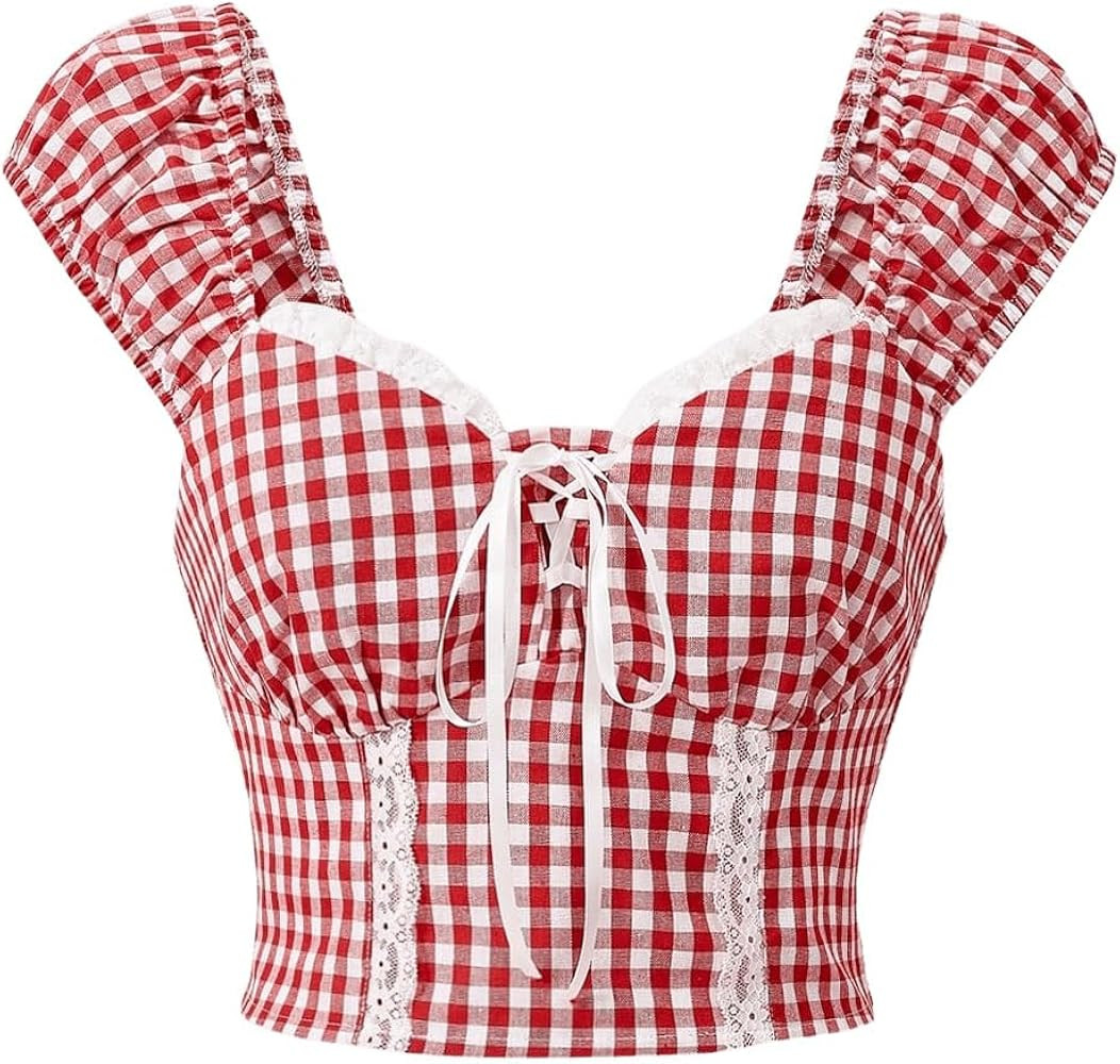 Floerns Women's Gingham Print Puff Cap Sleeve Sweetheart Neck Blouse Crop Top | Amazon (US)