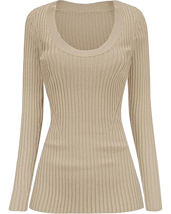 v28 Women Scoop Neck U-Neck Knit Long Sleeve Slim Fit Ribbed Sweater Tops | Amazon (US)