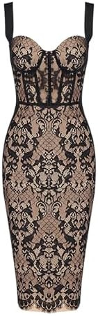Lace Fishbone Midi Cocktail Party Bandage Dress for Women Back Slit Wedding Guest Dress | Amazon (US)