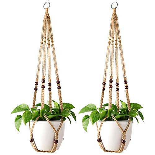 Mkono Macrame Plant Hanger Indoor Jute Hanging Planter Basket with Wood Beads Decorative Flower Pot Holder No Tassels for Indoor Outdoor Boho Home Decor 35 Inch, Brown, Set of 2 (POTS NOT Included) | Amazon (US)