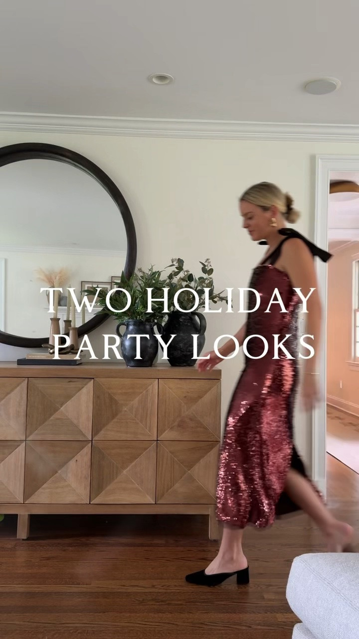 These 2 holiday party looks are on super sale!! 
•Sequin dress - size small, tts, I’m 5’5
•Black dress - size small, could have done an XS
Shoes - tts

#LTKSaleAlert #LTKWedding