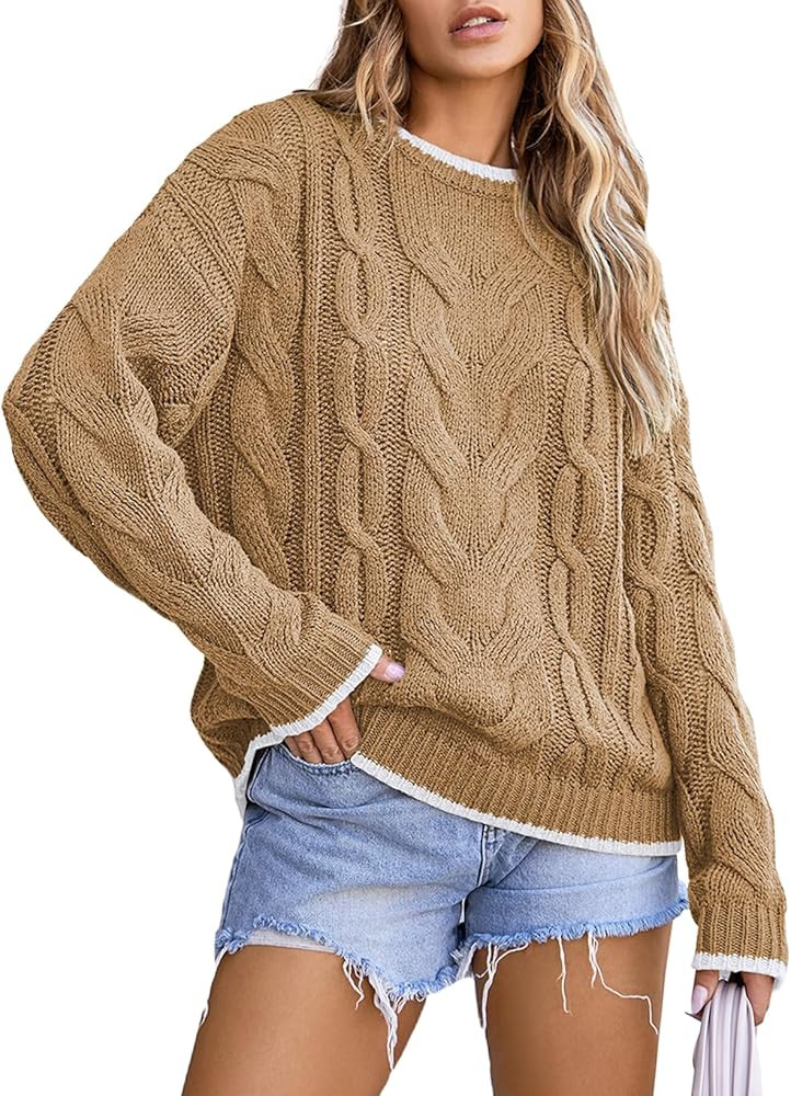 EVALESS Sweaters for Women Trendy Crewneck Long Sleeve Color Block Sweater Tops Fall 2024 Chunky ... | Amazon (US)