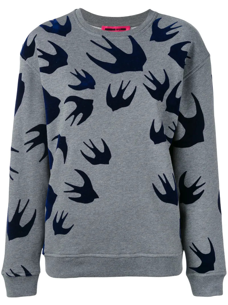 McQ Alexander McQueen - flocked swallow sweatshirt - women - Cotton/Polyester - S, Grey | FarFetch Global