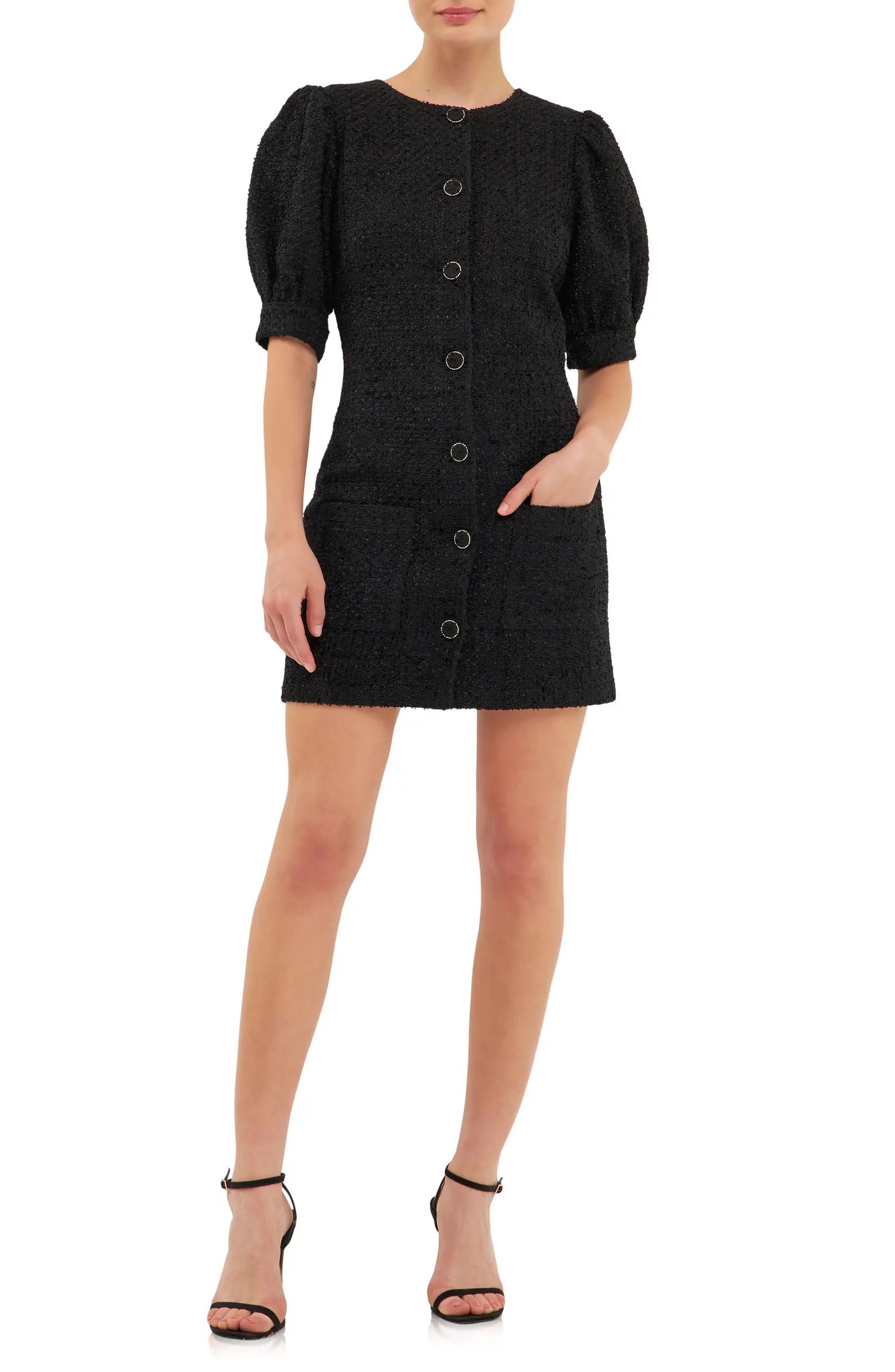 Puff Sleeve Tweed Button-Up Minidress | Nordstrom