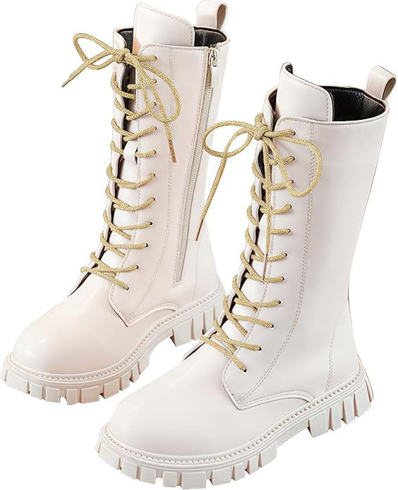 Girls White Boots White Boots Kids Combat Lace Up Ankle Booties Knee High Side Zipper Boot | Amazon (US)
