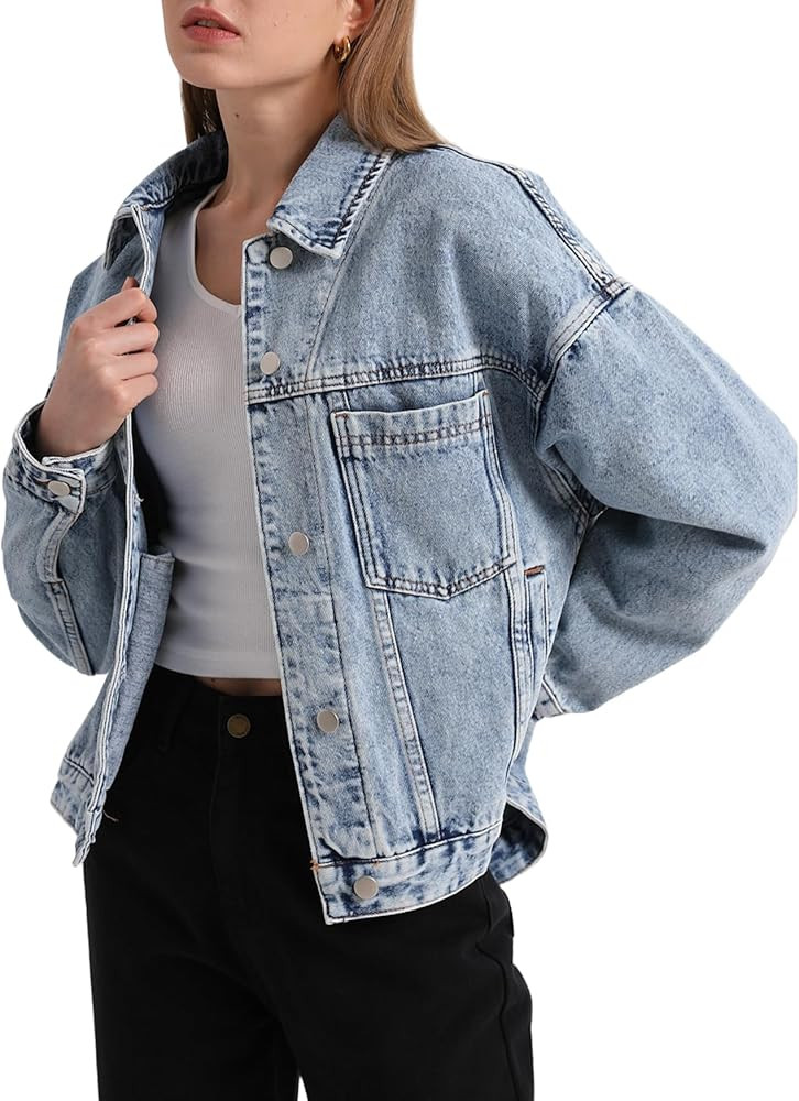 Kedera Women's Blue Jean Jacket Oversized Distressed Button Down Denim Jacket Vintage Long Sleeve... | Amazon (US)