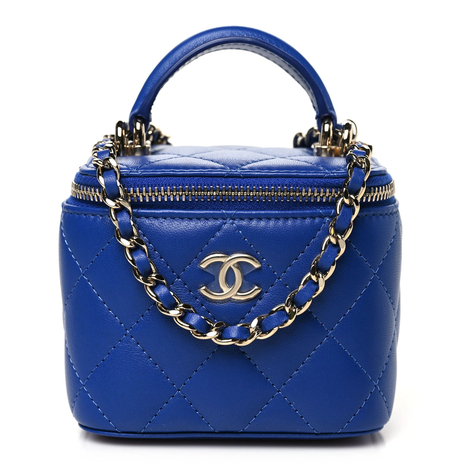 Lambskin Quilted Top Handle Mini Vanity Case With Chain Blue | FASHIONPHILE (US)