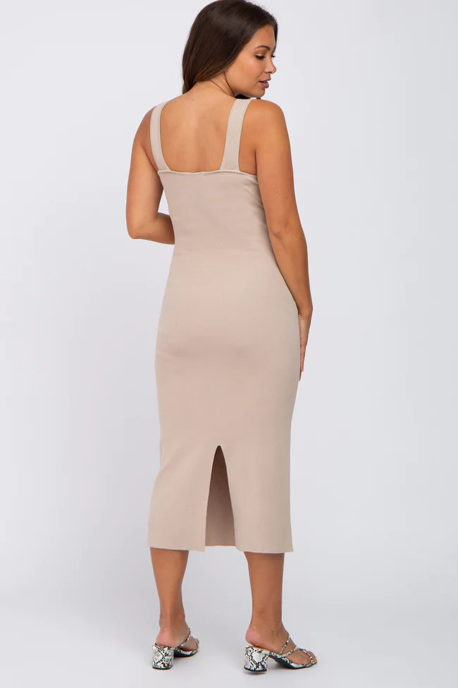 Taupe Knit Square Neck Maternity Midi Dress | PinkBlush Maternity