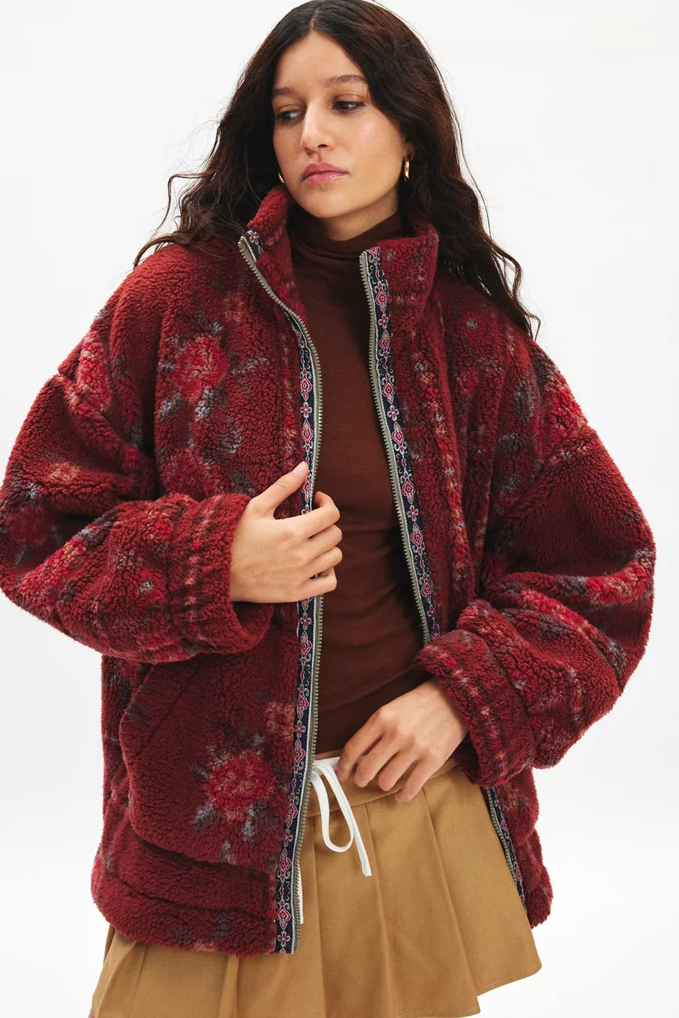 BDG Mae Printed Piled Fleece Zip-Up Jacket | Urban Outfitters (US and RoW)