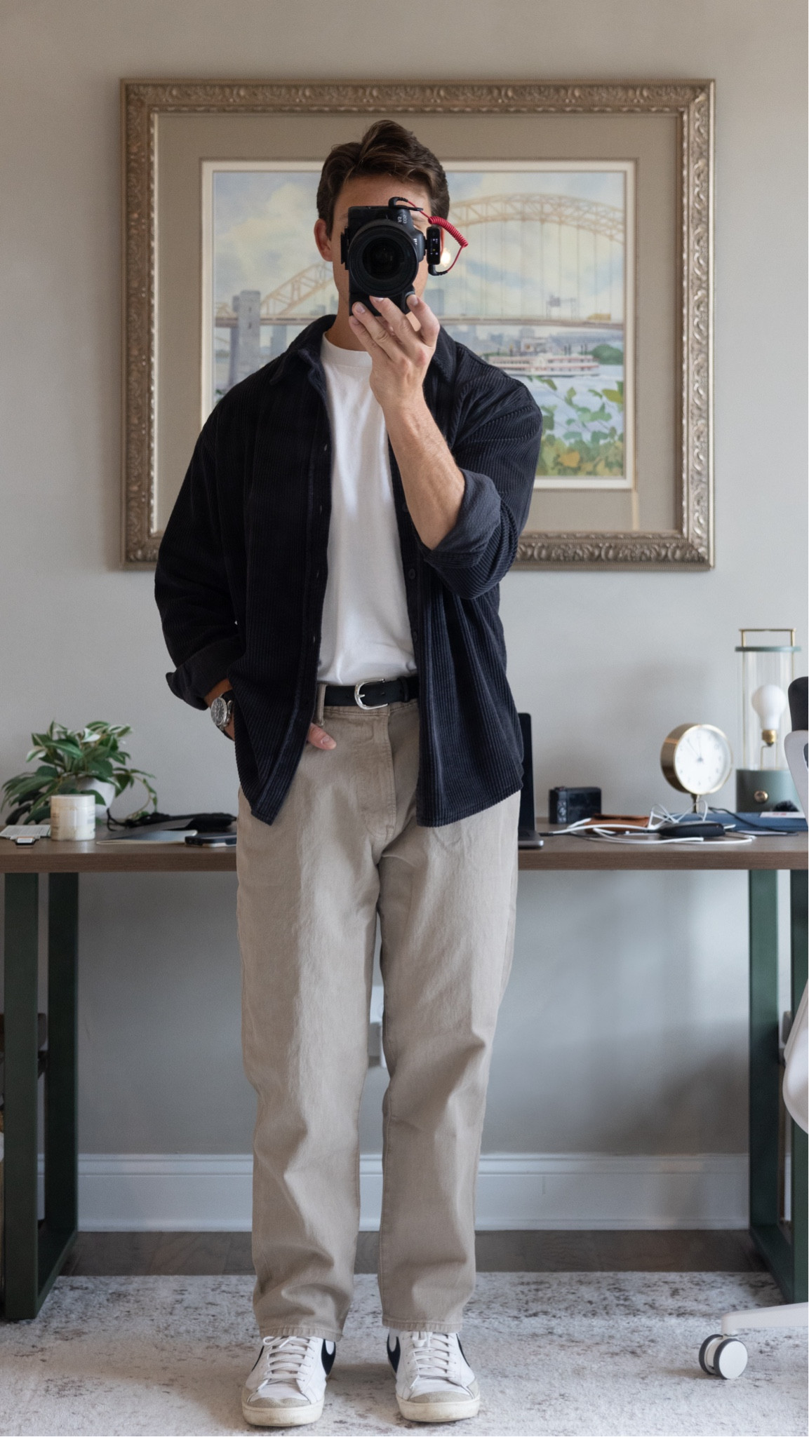 Casual coffee date outfit - corduroy shirt, white tee, athletic loose jeans, Nike blazer mids, bulova watch

#LTKMens #LTKSeasonal #LTKStyleTip