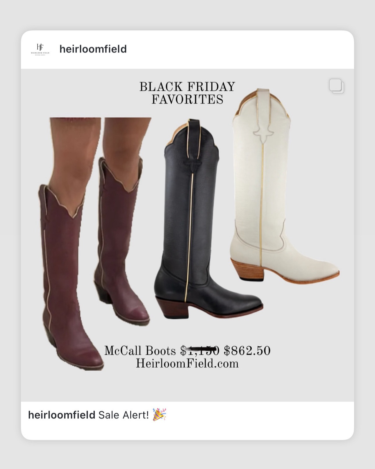 🎁 The Perfect Gift for Her 🎁

Give her something timeless this season—luxury handcrafted cowgirl boots she’ll treasure forever. Stylish, unique, and made with care, these boots are the ultimate way to show you care.

✨ Gift elegance, gift Heirlom Field. ✨

#LTKCyberWeek #LTKHoliday #LTKGiftGuide