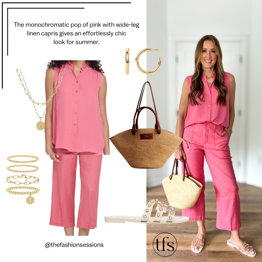 The monochromatic pop of pink paired with a fabulously lightweight linen capris gives an effortlessly chic look for summer. 

Sizing:
Top-small, could do XS
Linen pants-size 6

Summer outfit, elevated casual, business casual, ruffle-neck blouse, straw bag, tote

#LTKgrwm #LTKootd #LTKOver40