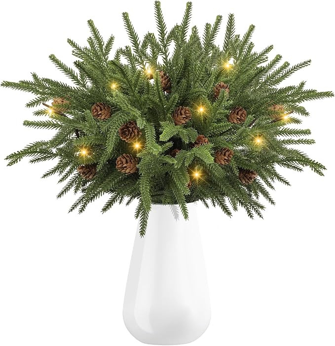 Dapclca Christmas Norfolk Pine Branches with Warm Light, Artificial Xmas Greenery Leaves Stems an... | Amazon (US)