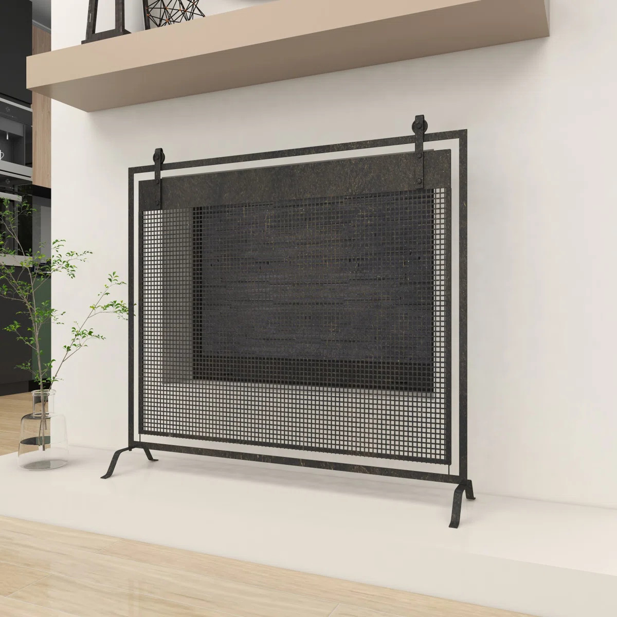 Metal Suspended Grid Single Panel Geometric Fireplace Screen with Bolted Detailing | Wayfair North America