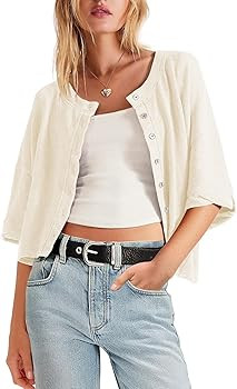 Womens Cropped Cardigan Short Sleeve Cardigan Button Up Lightweight Cardigans Oversized Button Do... | Amazon (US)