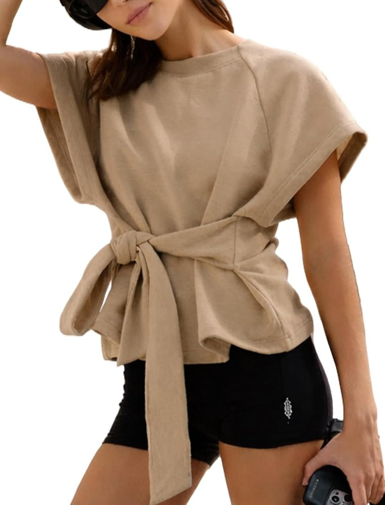 SCOFEEL Womens Tie Front Tops Loose Fit Tie Waist Short Sleeve Wrap Tops Crew Neck Tunic Sweatshi... | Amazon (US)