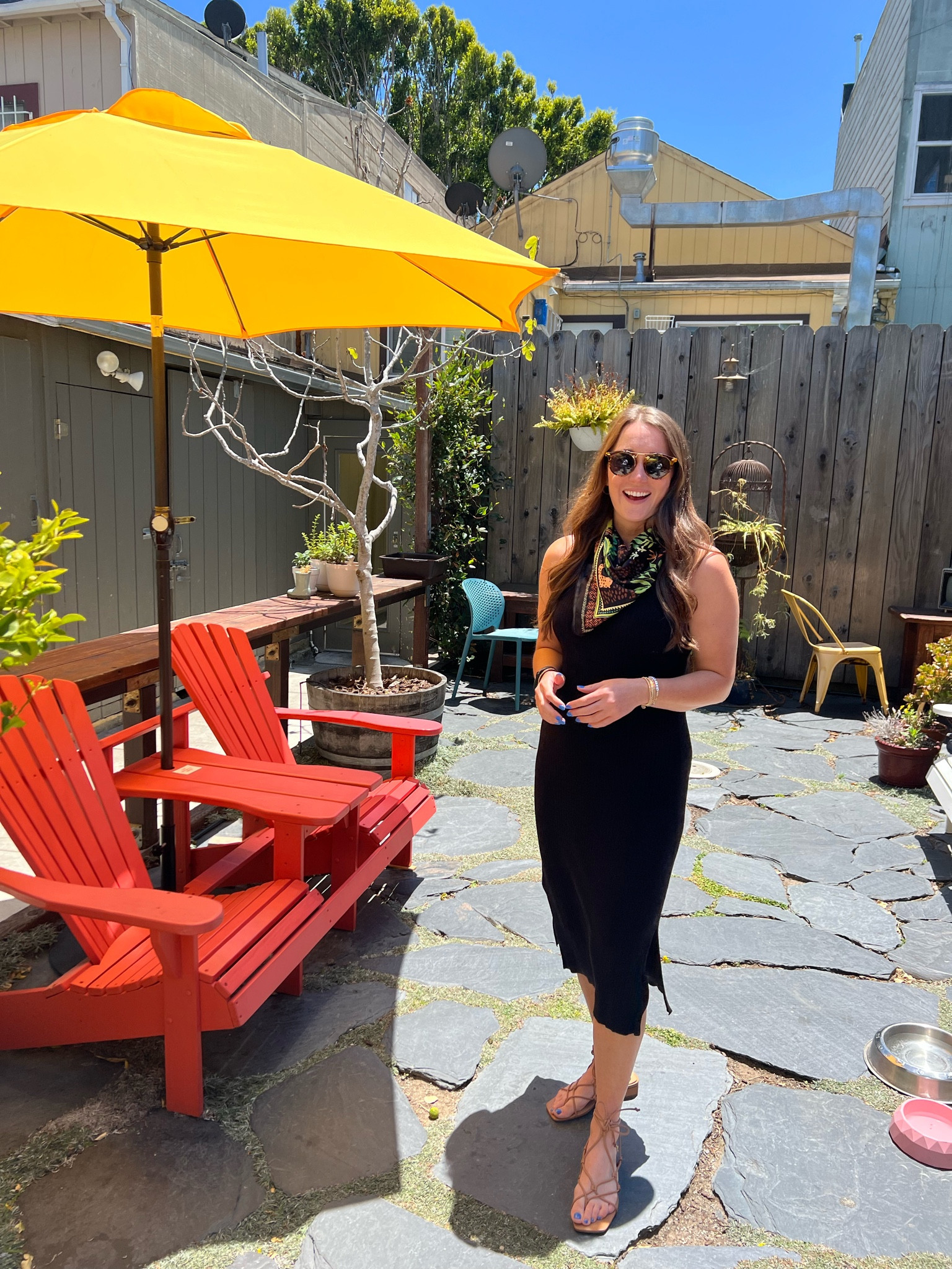 Day 8 of 30 of getting dressed with things in my closet. Wearing this black midi dress from Banana Republic that I have been rocking for 5 years and still love it. Paired with a silky square scarf for interest and my favorite Sam Edelman sandals. 