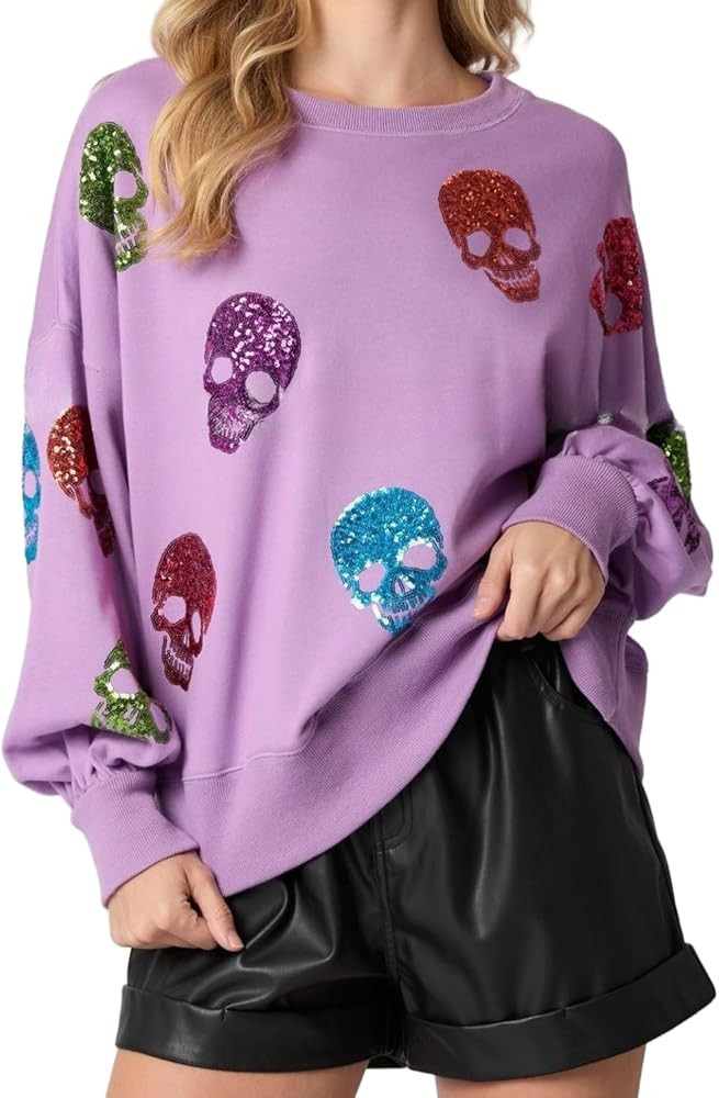 Halloween Pullover For Women Sequin Skull Skeleton Funny Hoodie Crewneck Long Sleeve Spooky Sweat... | Amazon (US)