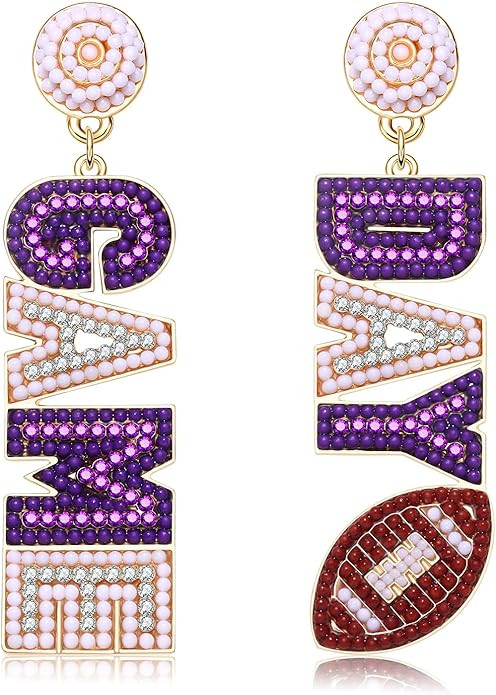 Beaded Game Day Earrings - Rhinestone Football Team Drop Dangle Earrings for Women - Football Mom... | Amazon (US)