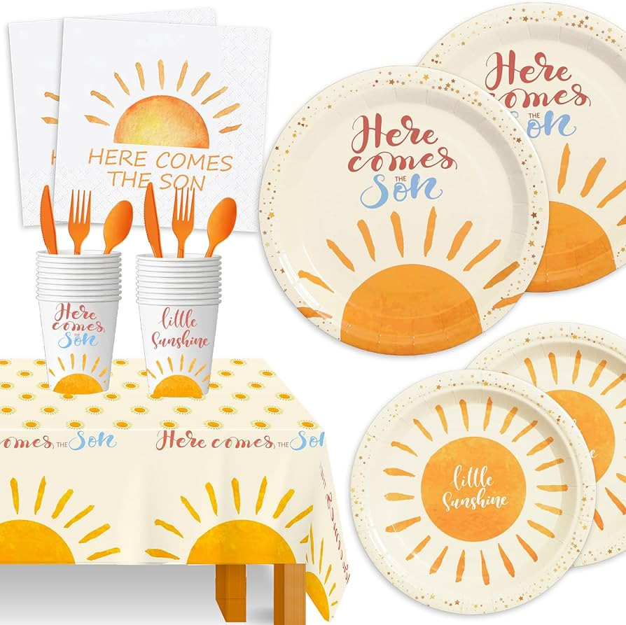 KaKan 176PCS Here Comes The Son Paper Plates and Napkins,Here Comes The Son Baby Shower Decoratio... | Amazon (US)