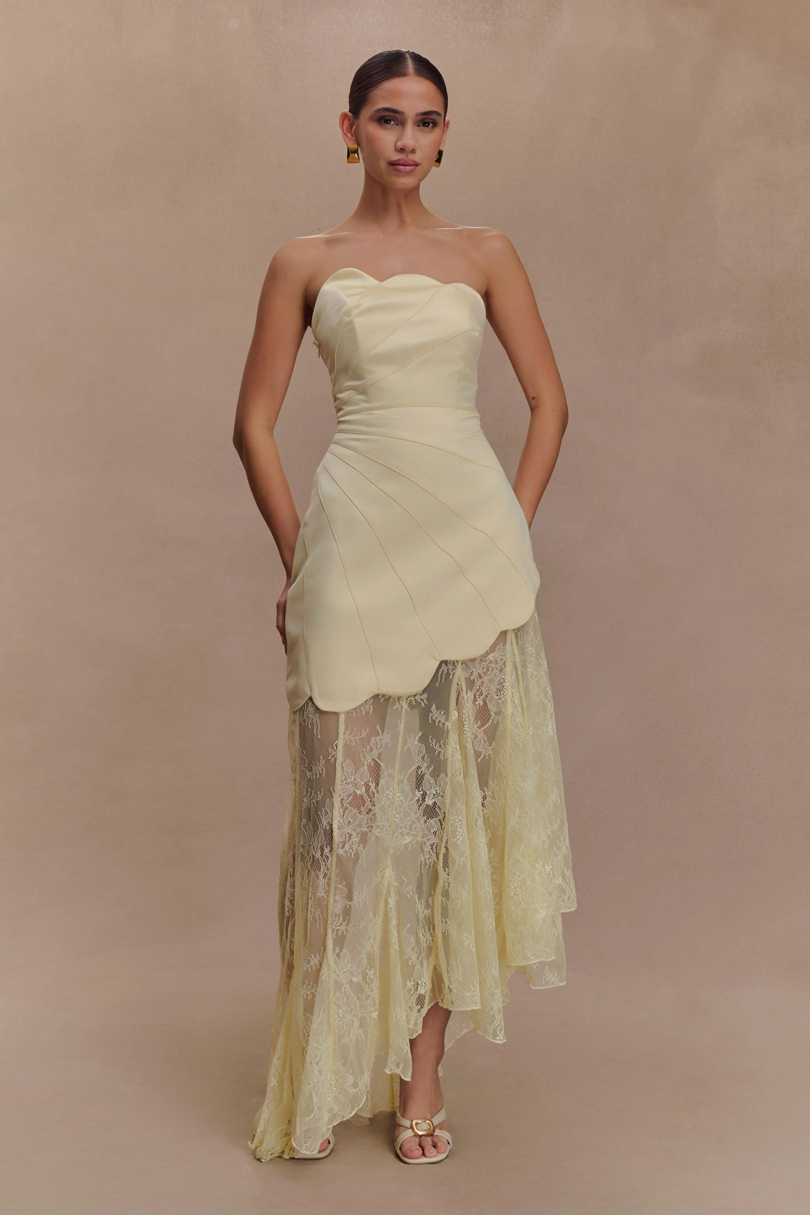 Aleena Satin And Lace Maxi Dress - Lemon | MESHKI US
