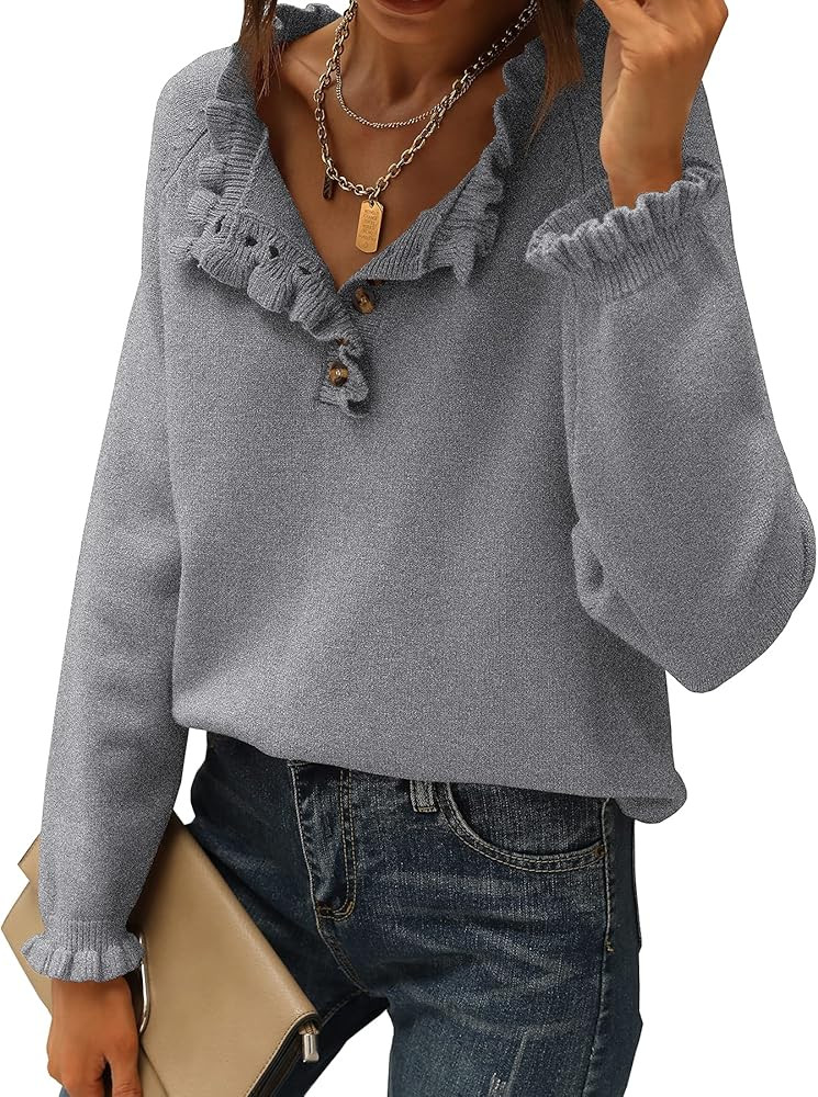 BTFBM Women's Sweaters Casual Long Sleeve Button Down Crew Neck Ruffle Knit Pullover Sweater Tops... | Amazon (US)