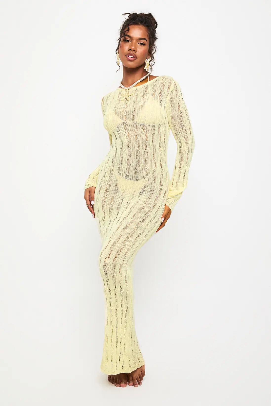 Lemon Robe de plage en crochet à manches longues avec dos échancré | Boohoo FR | Boohoo.com (FR)