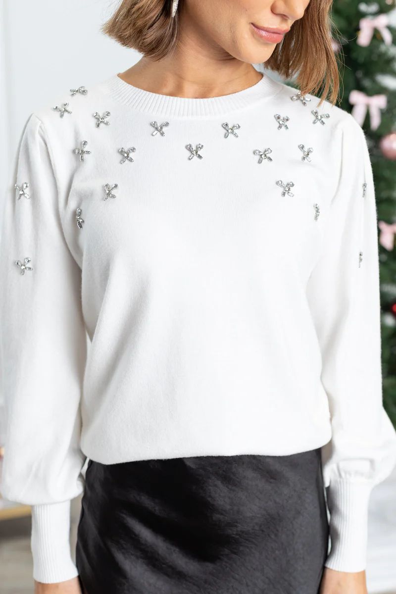 White Sparkly Sweater - White Rhinestone Sweater | Avara