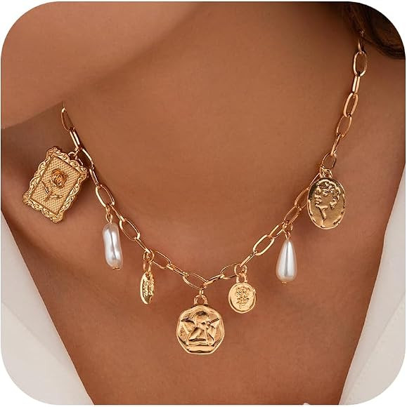 YANCHUN Charm Necklace Dainty Gold Necklace for Women Trendy Chunky Charm Paperclip Chain Necklac... | Amazon (US)