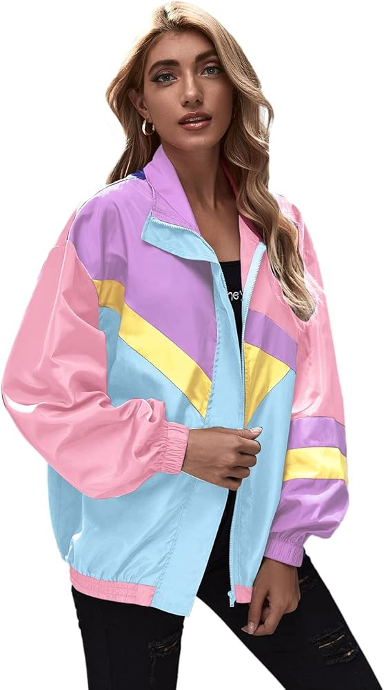 SweatyRocks Women's Zip Up Color Block Lightweight Jacket Patchwork Sport Windbreaker Jacket Coat Ou | Amazon (US)