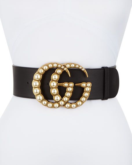 Gucci Wide Leather Belt w/ Pearlescent Beads, Black/Cream | Neiman Marcus