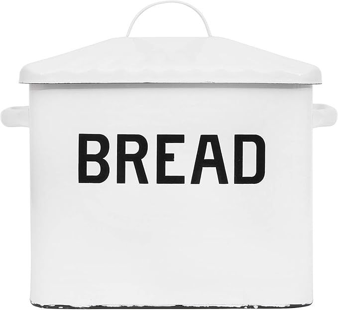 Creative Co-op Enameled Metal Distressed Bread Box with Lid, White | Amazon (US)