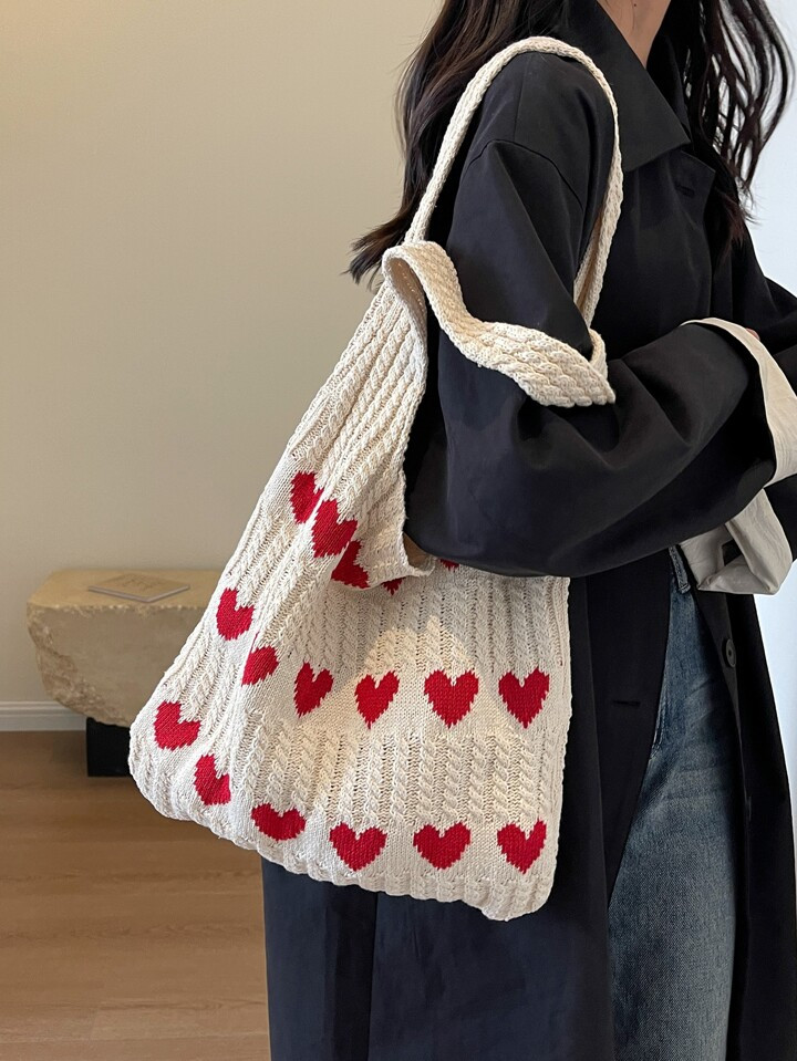 1pc Heart Pattern Color Blocking Crochet Handbag Shoulder Bag Large Capacity Fashion Beach Bag Ve... | SHEIN