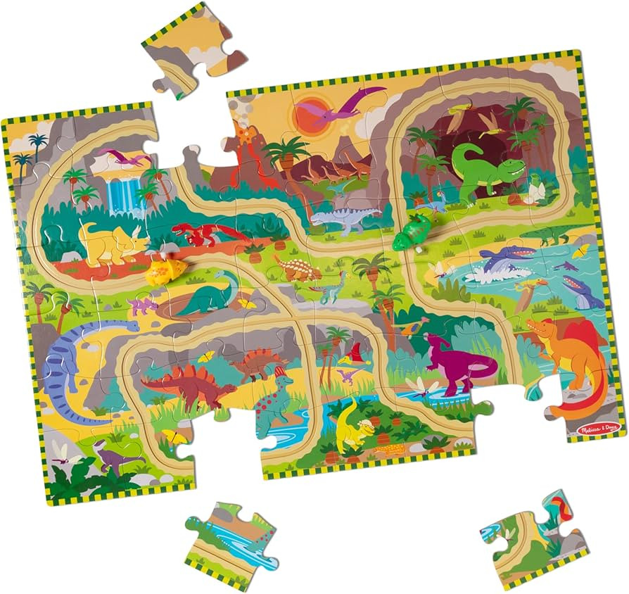 Melissa & Doug Dinosaur Adventure Tracks Cardboard Jigsaw Floor Puzzle and 2 Wind-Up Dinos – 48... | Amazon (US)