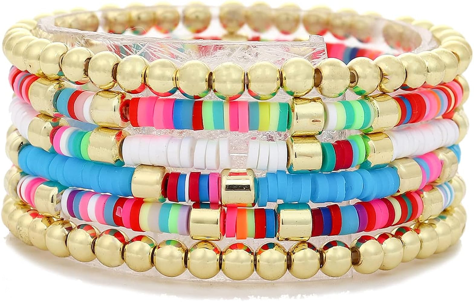 Surfer Heishi Bracelet for Women Colorful Gold Beaded Bracelet Stackable Vinyl Disc Beads Stretch... | Amazon (US)