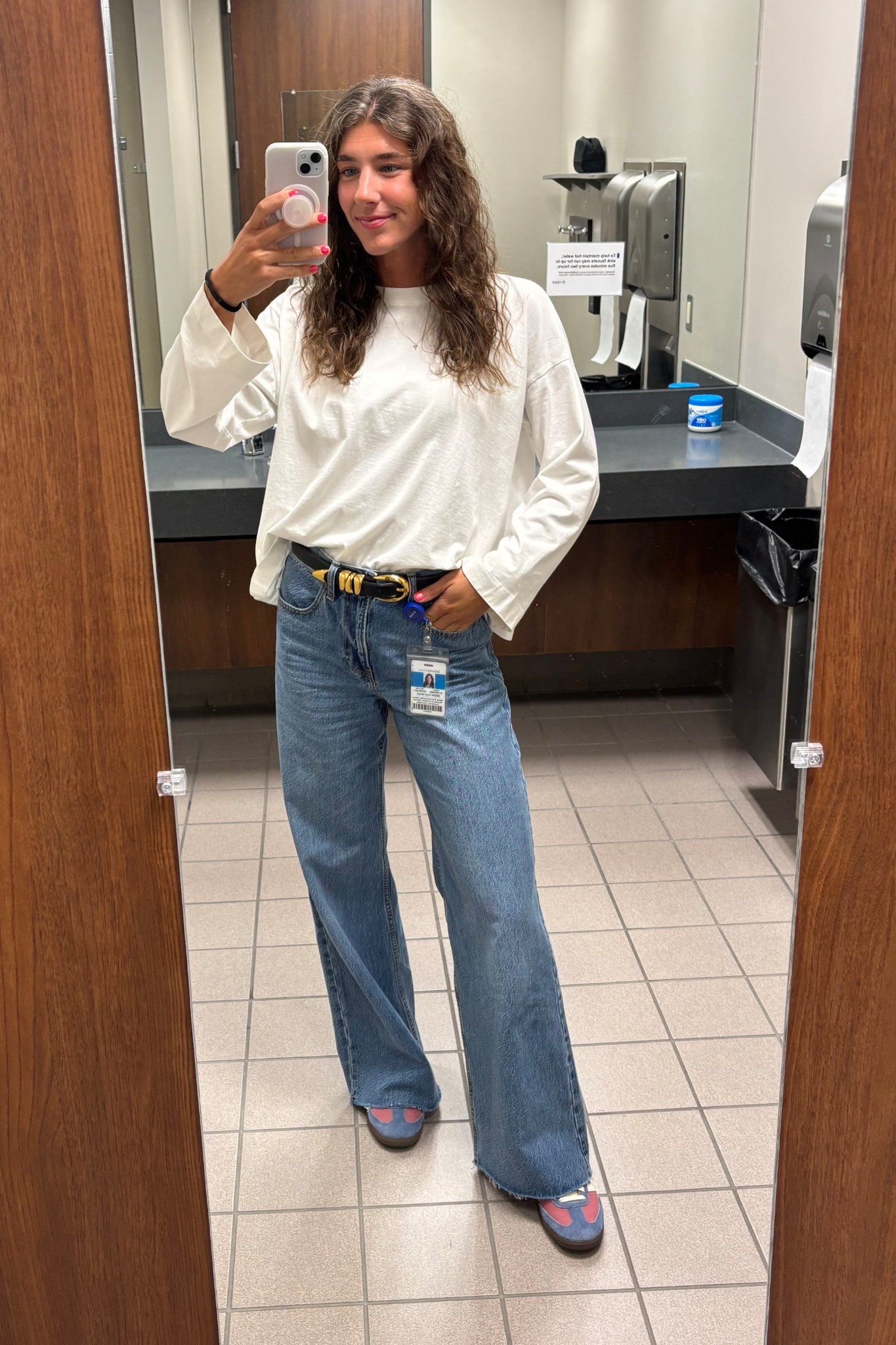 I have the "medium with hem distress" wash option in these high rise wide jeans! Shirt linked is the same shirt but just striped since they don't sell the plain white anymore. Size S in top, XS in belt, 8.5 in shoes, 26L in jeans. Perfect casual work or fall outfit! 

#LTKxMadewell #LTKWorkwear #LTKStyleTip