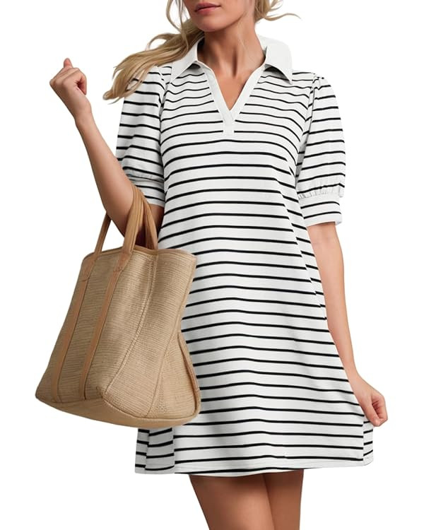 ZESICA Women's Summer Casual Striped Mini Dresses 2025 Lapel V Neck Short Sleeve Flowy A Line T S... | Amazon (US)