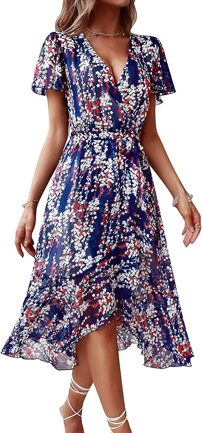 Vaiaye Women's Wrap Chiffon Dress Floral Print Ruffle Split Dress Waist Tie V-Neck Maxi Dresses | Amazon (US)