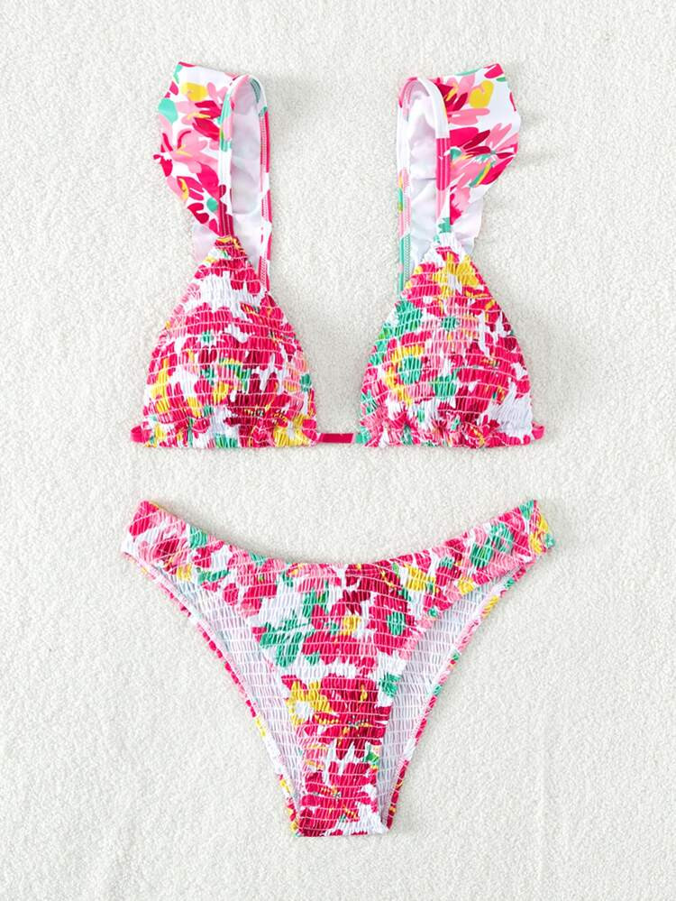 Floral Print Ruffle Trim Triangle Bikini Swimsuit | SHEIN