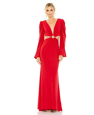 Mac Duggal Women's Jersey Puff Sleeve Cut Out Column Gown - Macy's | Macy's