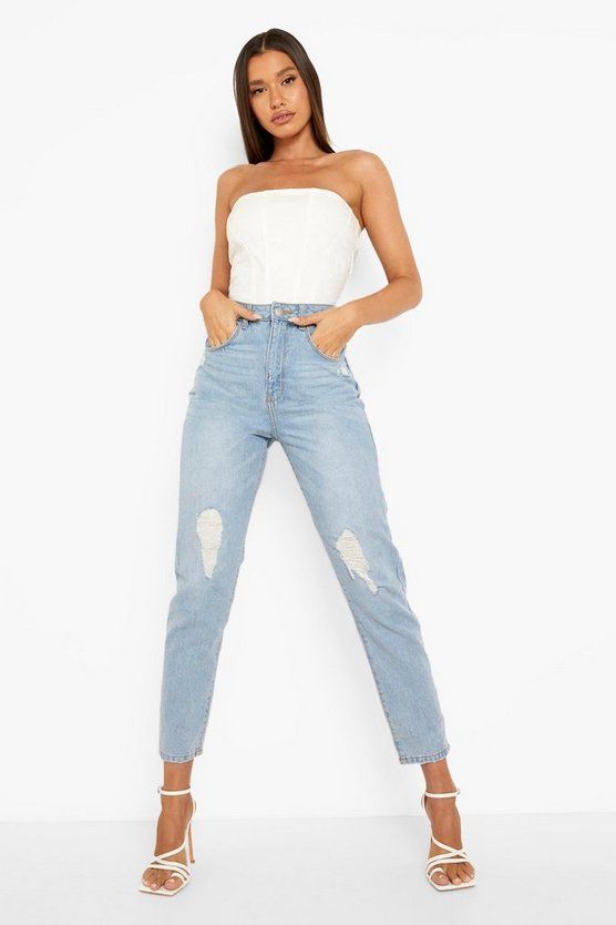 High Waist Slashed Knee Mom Jeans | Boohoo.com (US & CA)