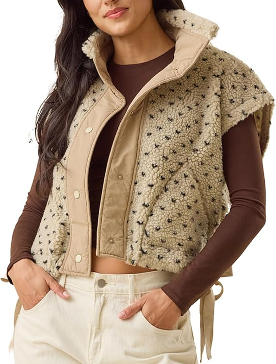 Womens Heart Quilted Sherpa Vest Lapel Sleeveless Button Down Fleece Jacket Cute Side Tie Outerwe... | Amazon (US)