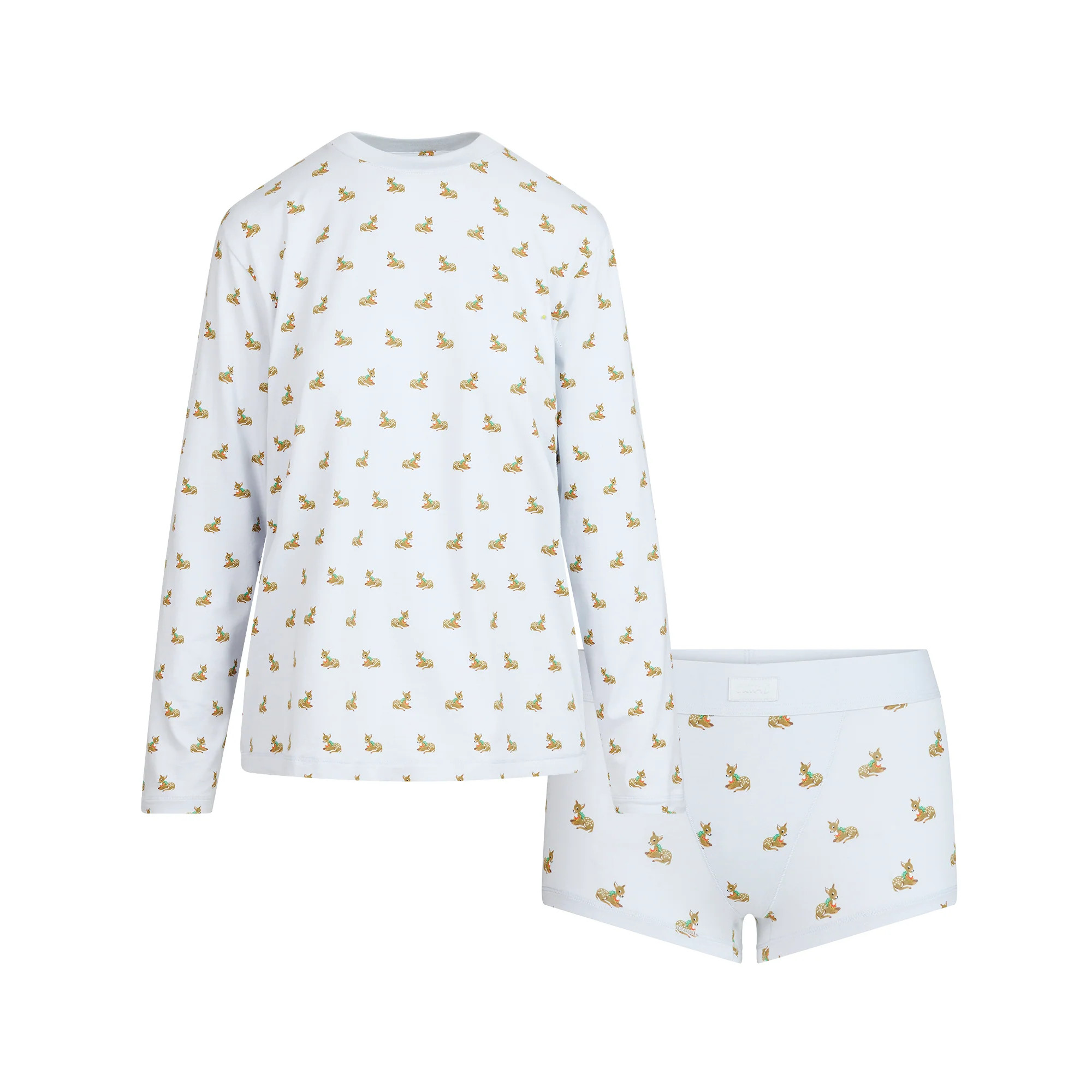 BOYFRIEND LONG SLEEVE T-SHIRT AND SHORT BOXER SET | ZEN BLUE BABY DEER PRINT | SKIMS (US)