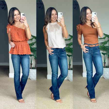 💥sale on all 3 Date night tops from Amazon!  One is bodysuit.  All size small.  The first top - one shoulder peplum in orange save 40% code: 40YA3PTT
the halter top is in color apricot save 40% (30% code 30Y9MP8O + 10% clickable coupon) and the third one is bodysuit in the color brown save 5% with clickable coupon.  I linked my favorite strapless bra and heels!  
Jeans are from Maurice’s size 0 short. They are amazing! 

#LTKunder50 #LTKsalealert #LTKstyletip