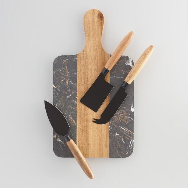 Black Marble and Wood Cheese Board and Knives 4 Piece Set | World Market