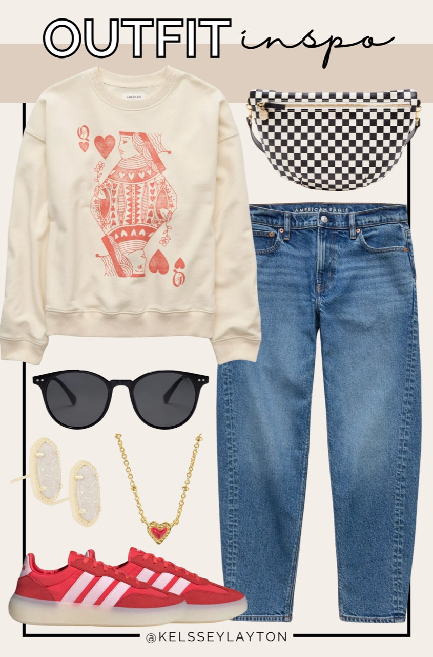 Outfit idea, Queen of hearts, American Eagle, barrel jeans, red adidas sneakers, black and white checkered Clare V bag 

#LTKShoeCrush #LTKFindsUnder50 #LTKSaleAlert