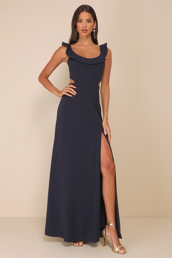 Captivating Charisma Navy Ruffled Cutout Tie-Back Maxi Dress | Lulus