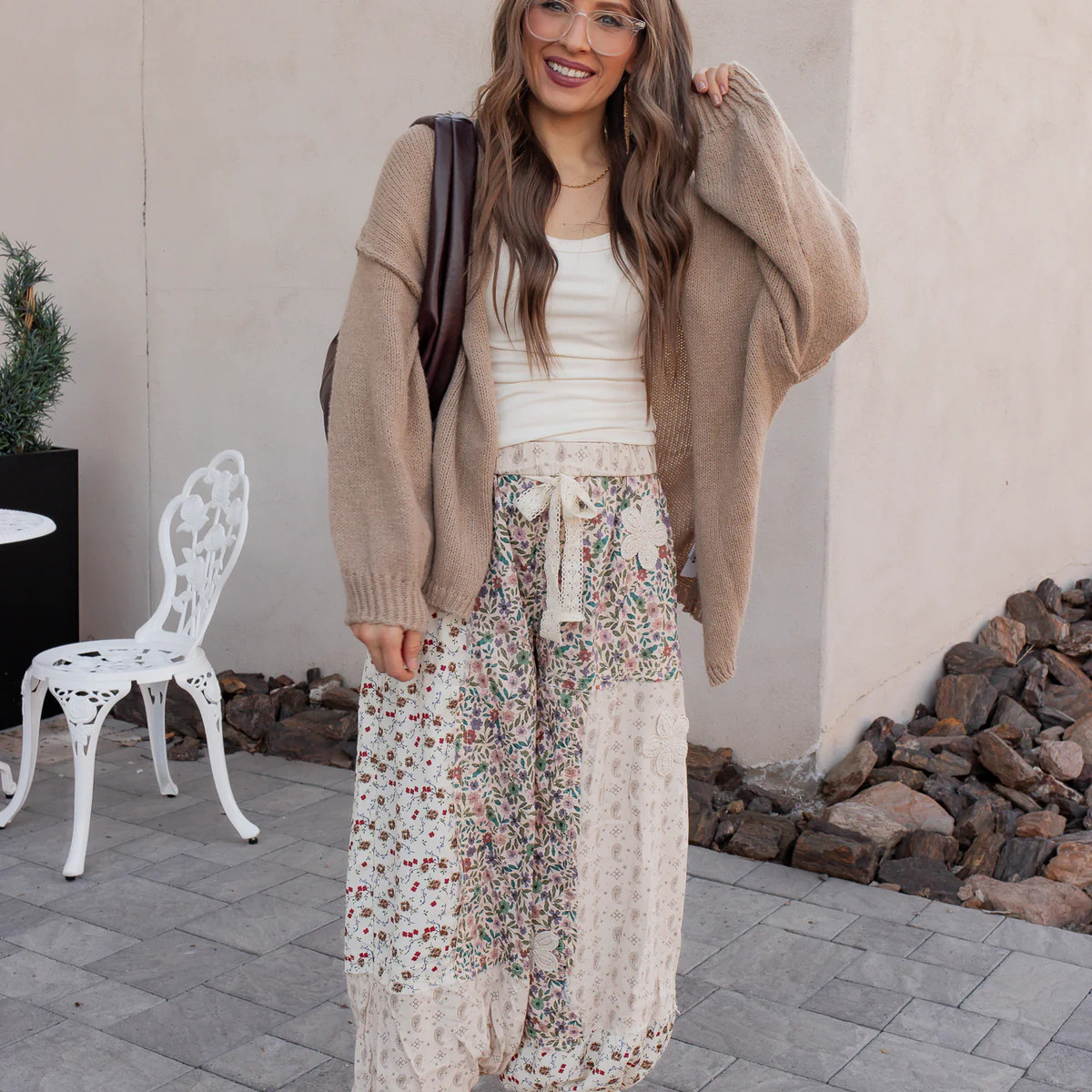 Boho Patchwork Crochet Wide-Leg Pants – Cream & Mocha | POL Clothing | Krush Kandy